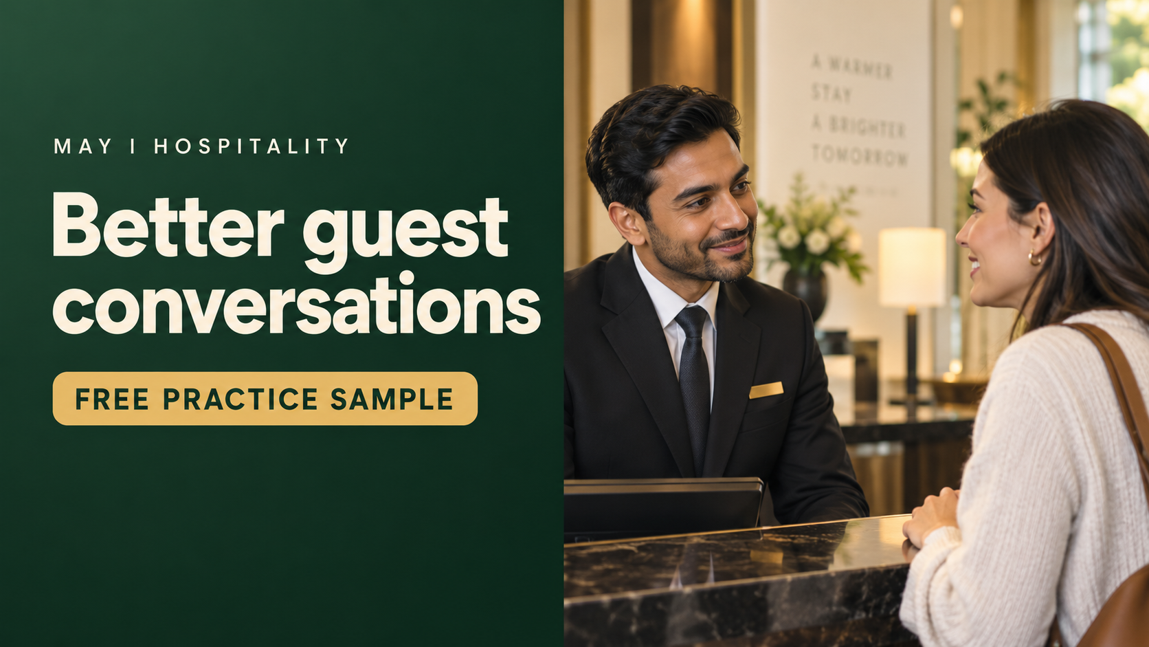 Conversations That Show You Care practice guide, with an illustrative hotel guest conversation.