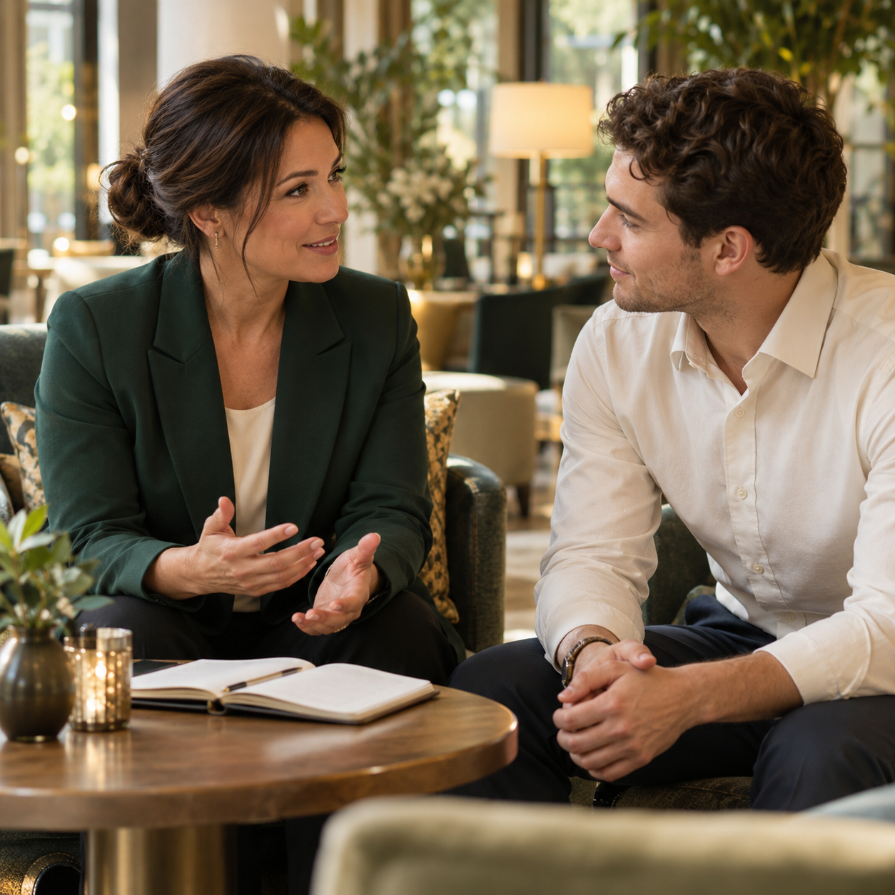 Two hospitality colleagues have a supportive coaching conversation.