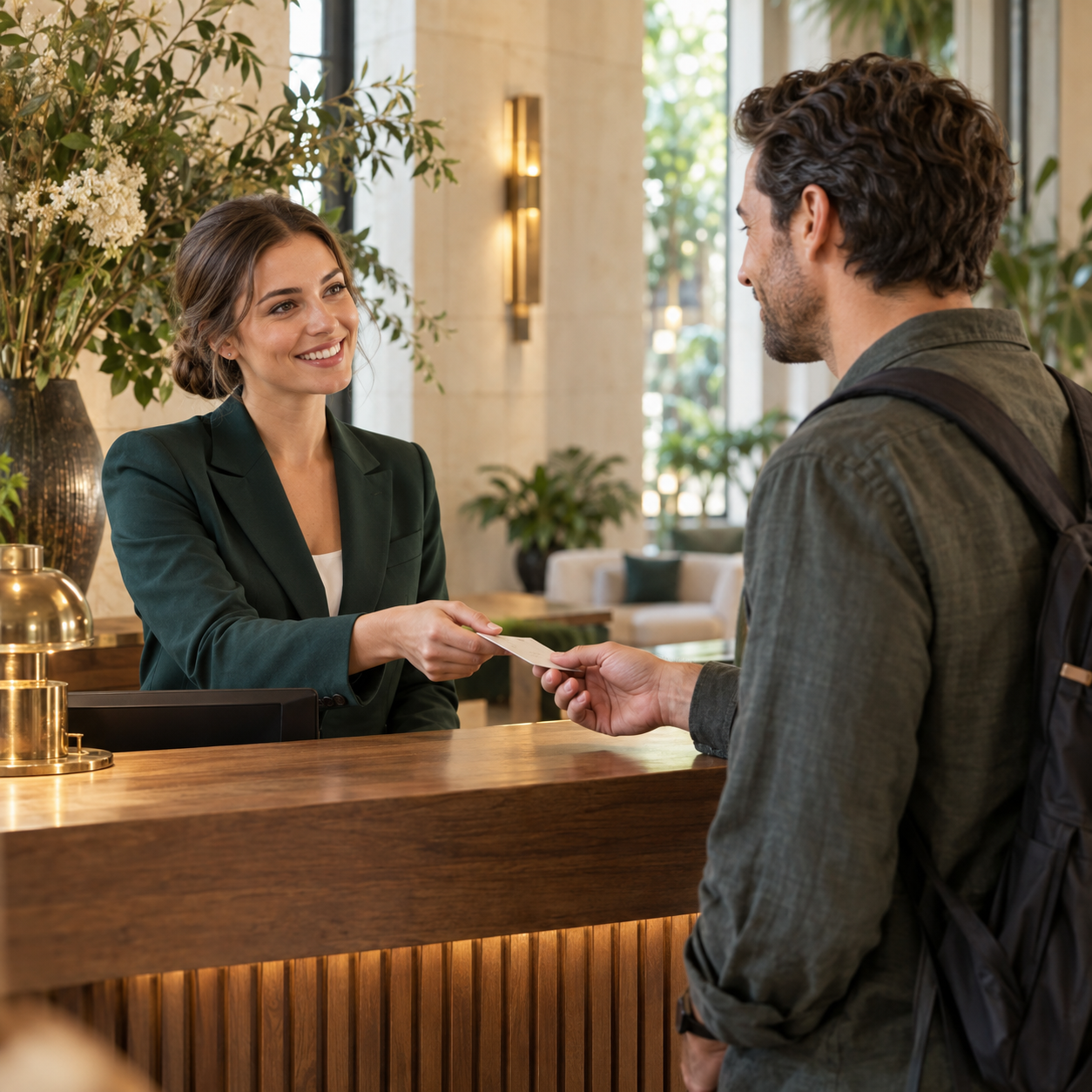 A hotel receptionist warmly welcomes a traveler at the front desk.